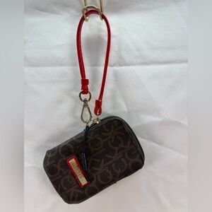 Calvin Klein Zip Wristlet Brown Logo Clutch Signature Monogram Red Strap